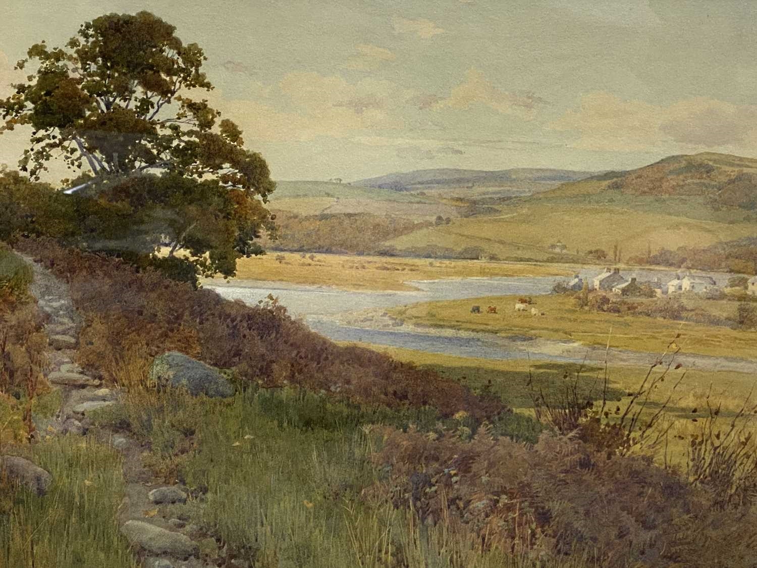George Cockram | view over estuary with village and cattle in ...