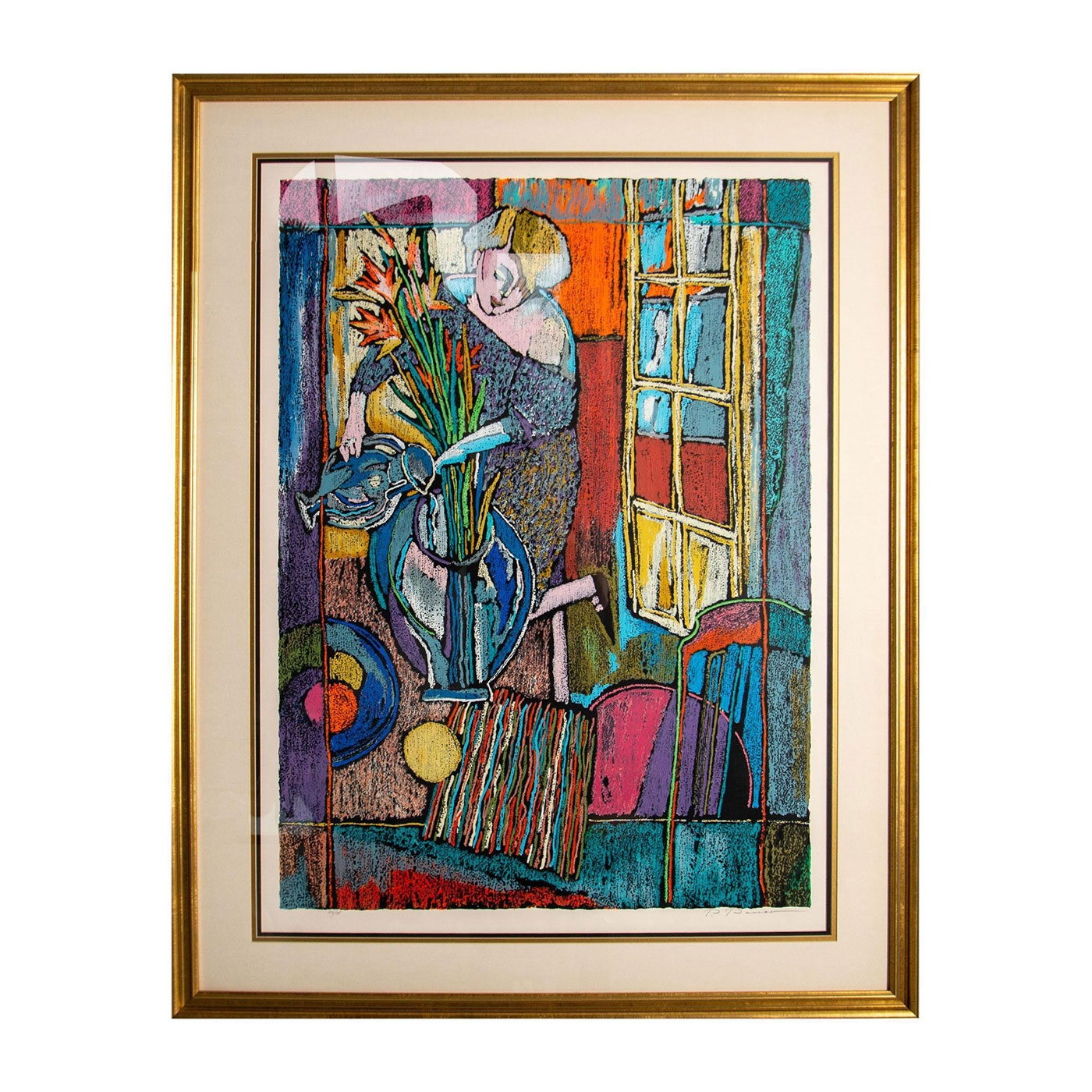Artwork by Petar Panov Chuklev, An abstracted woman watering flowers in a colorful interior, Made of color silkscreen on paper