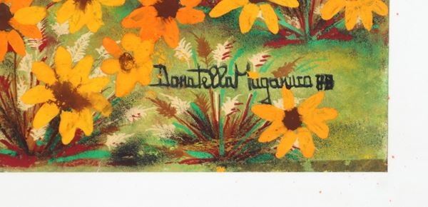 Artwork by Donatella Maganuco, Field with houses and yellow daisies, 1988, Made of Tempera on cardboard