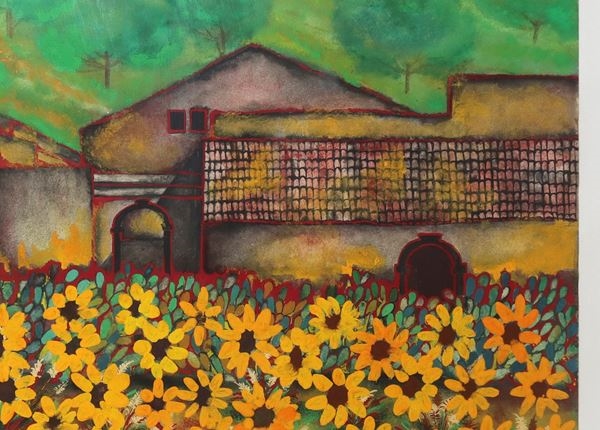 Artwork by Donatella Maganuco, Field with houses and yellow daisies, 1988, Made of Tempera on cardboard