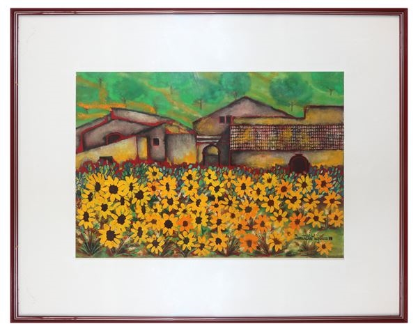 Artwork by Donatella Maganuco, Field with houses and yellow daisies, 1988, Made of Tempera on cardboard