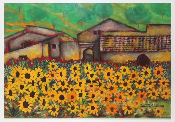 Artwork by Donatella Maganuco, Field with houses and yellow daisies, 1988, Made of Tempera on cardboard
