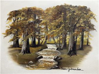 Portraying a serene forest landscape adorned in the vibrant hues of autumn - Susan Gudmundson