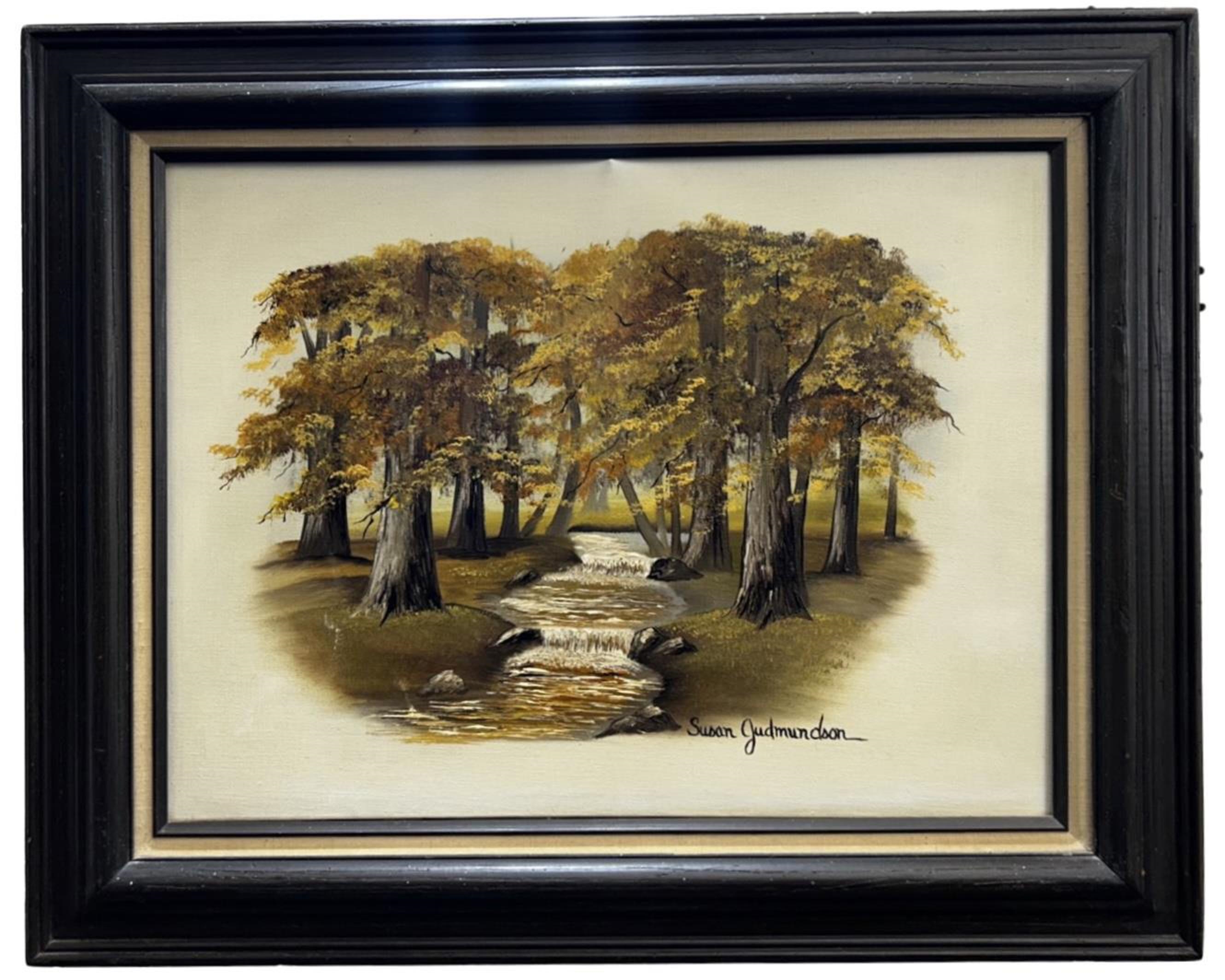 Artwork by Susan Gudmundson, Portraying a serene forest landscape adorned in the vibrant hues of autumn, Made of Oil on Canvas