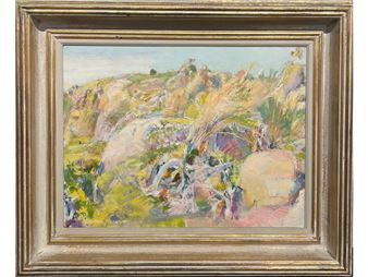 A landscape painting of a sun-drenched hillside with a textured gold frame.