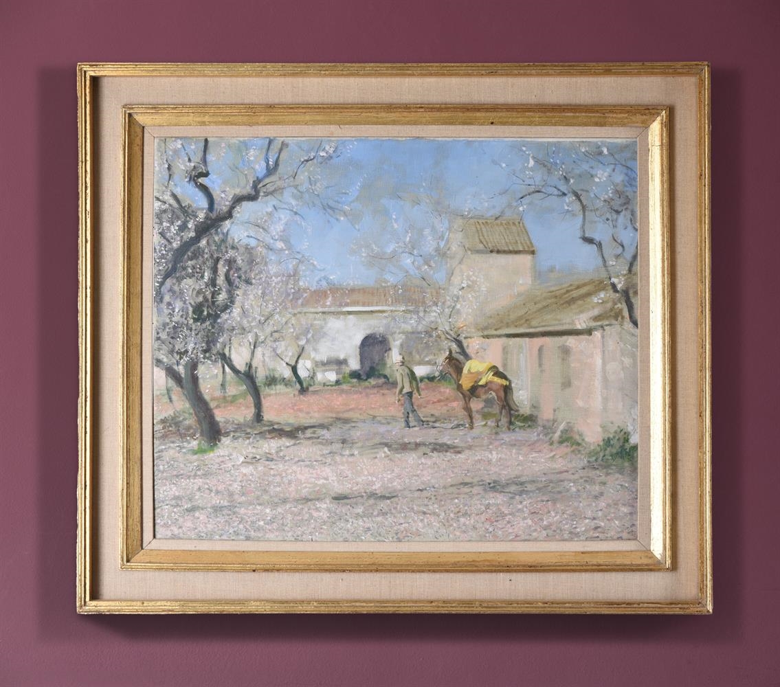 norman-hepple-man-and-mule-in-a-spanish-courtyard-below-the-blossom