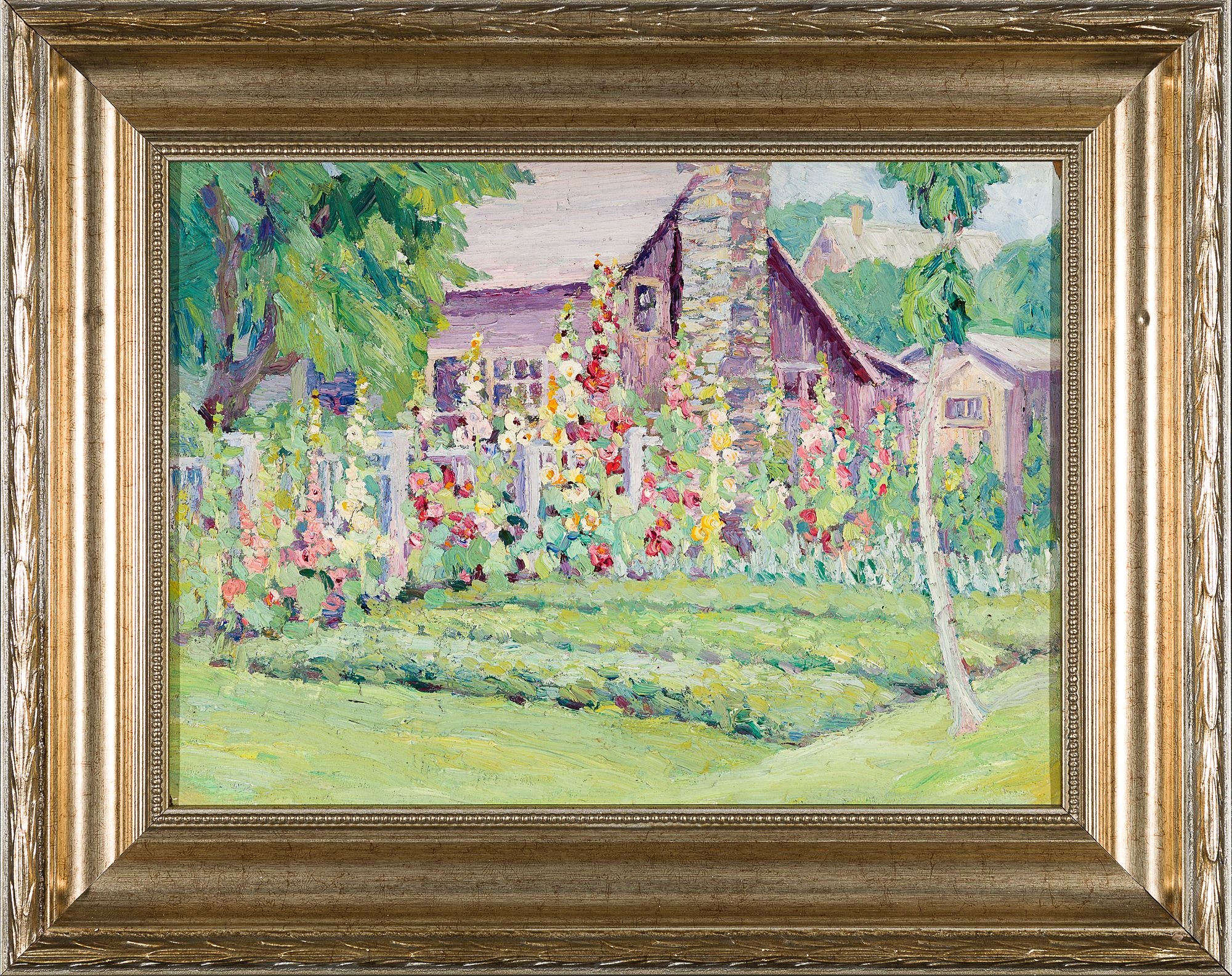 Artwork by Jessie Thompson Ames, Provincetown Hollyhocks, Made of Oil on panel