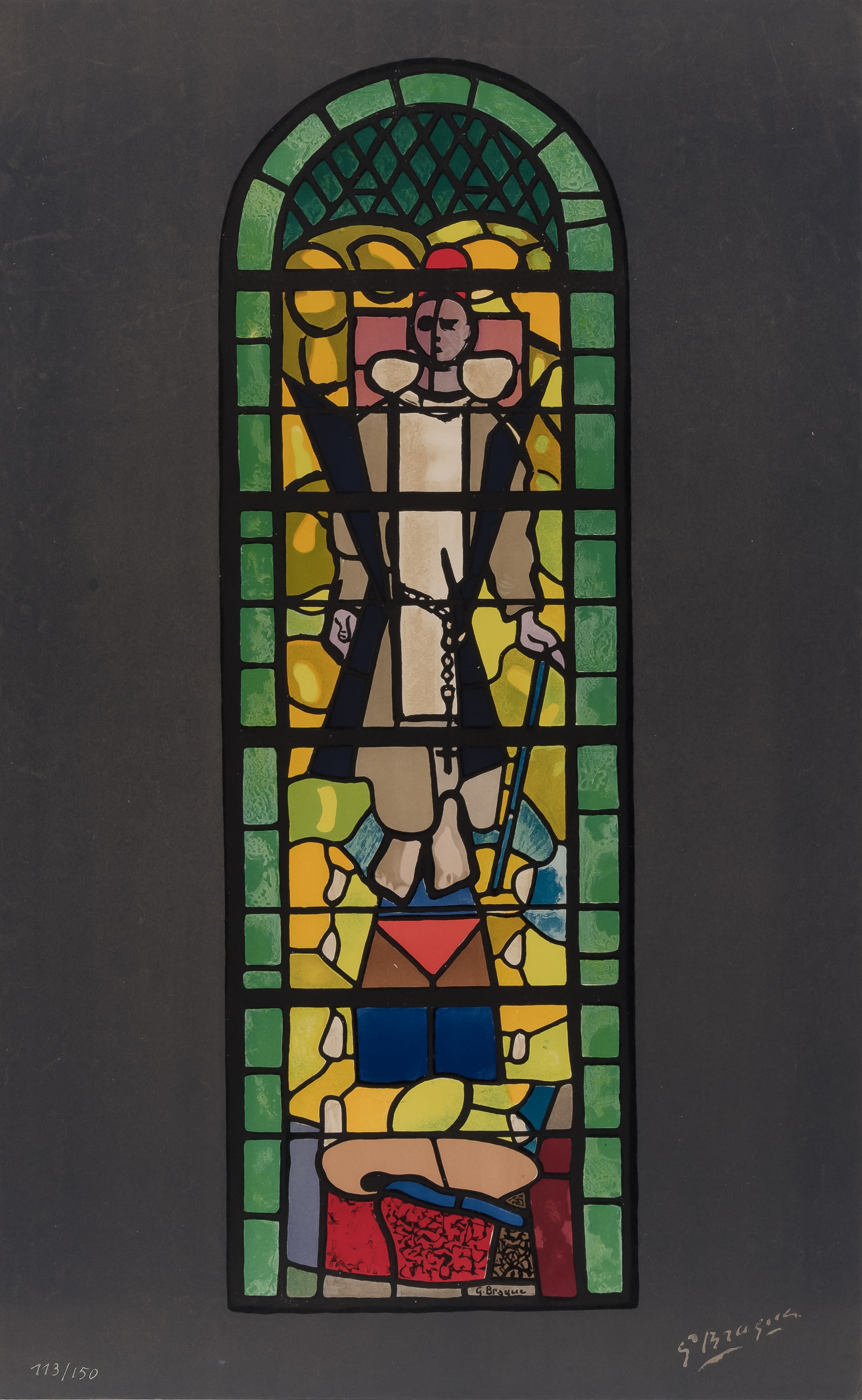 STAINED GLASS WINDOW AT CHURCH OF SAINT DOMINIQUE, VARENGEVILLE by Georges Braque, 1960