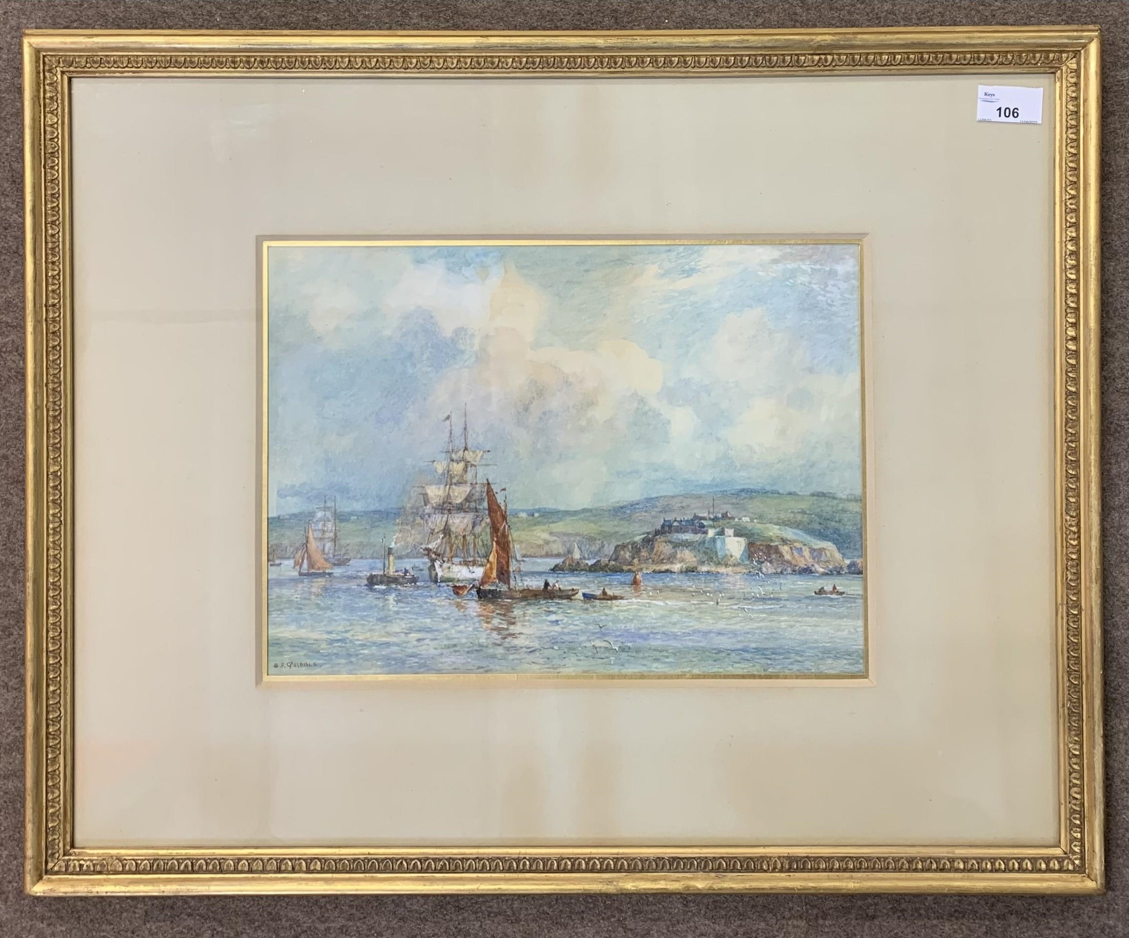 Artwork by Bernard Finegan Gribble, Cornish coastal scene depicting tall rigged ships and tugboat, Made of watercolour