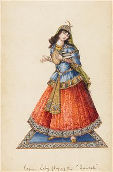 A Persian lady playing the 'Tunbak' (drum), Persia, Qajar - Persian School, 19th Century