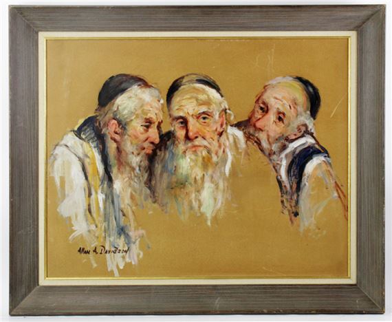 A close-up portrait of three elderly figures with beards and head coverings against a warm background.