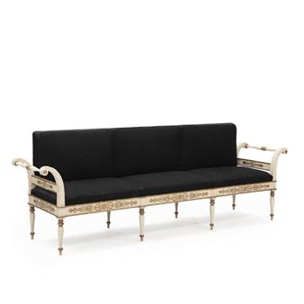 A large Danish white painted and giltwood three seat sofa with black horsehair cover - Jørgen Hansen Koch