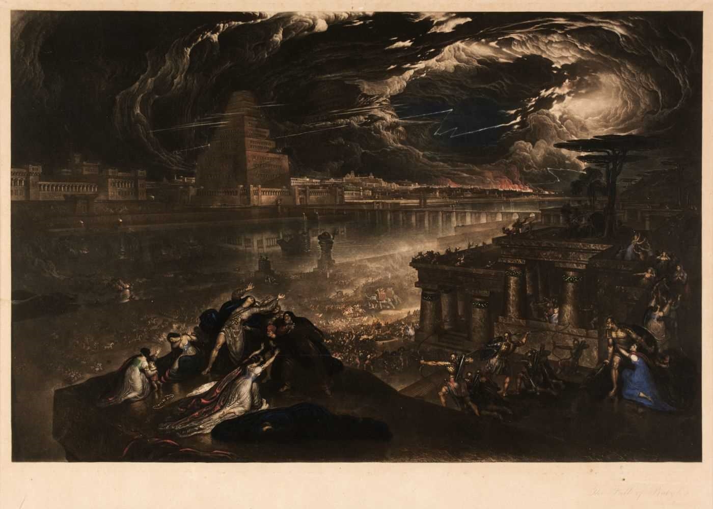 Artwork by John Martin, The Fall of Babylon, Made of mezzotint with contemporary hand-colouring