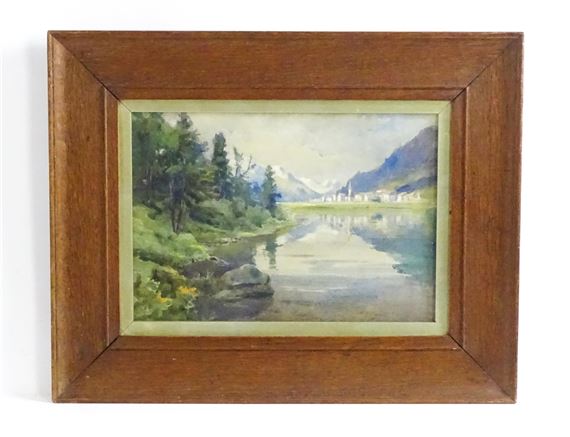 An Alpine river landscape with townscape beyond by J. Bennett, 20th century