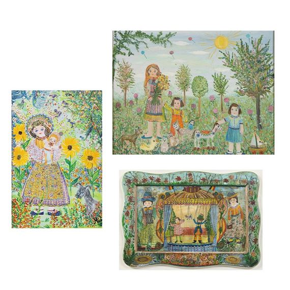 Children in the meadow; Puppet theater and sunflowers by Midil van den Driessche