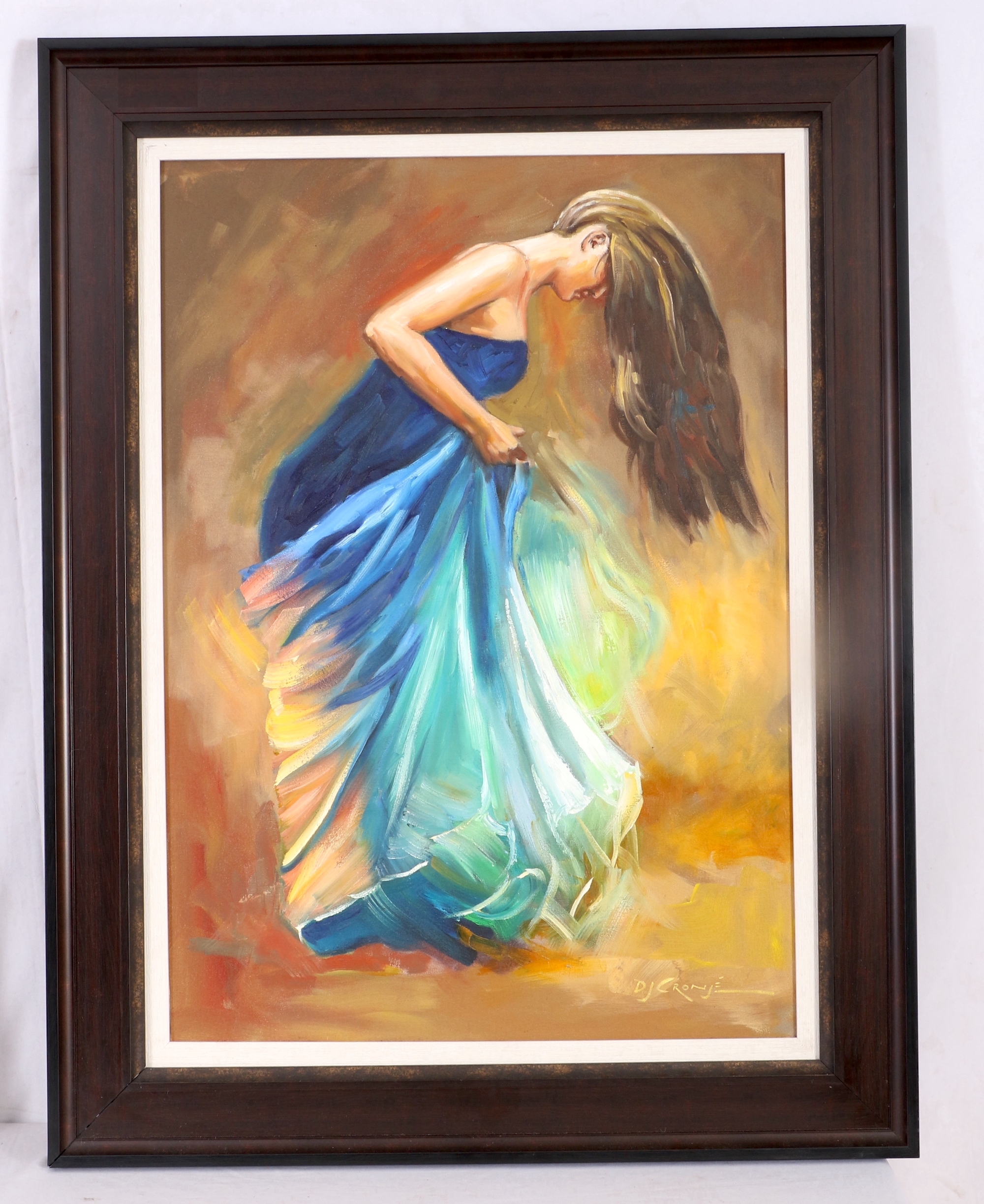 Artwork by Danie Cronje, LADY IN A BLUE DRESS, Made of oil on canvas on board