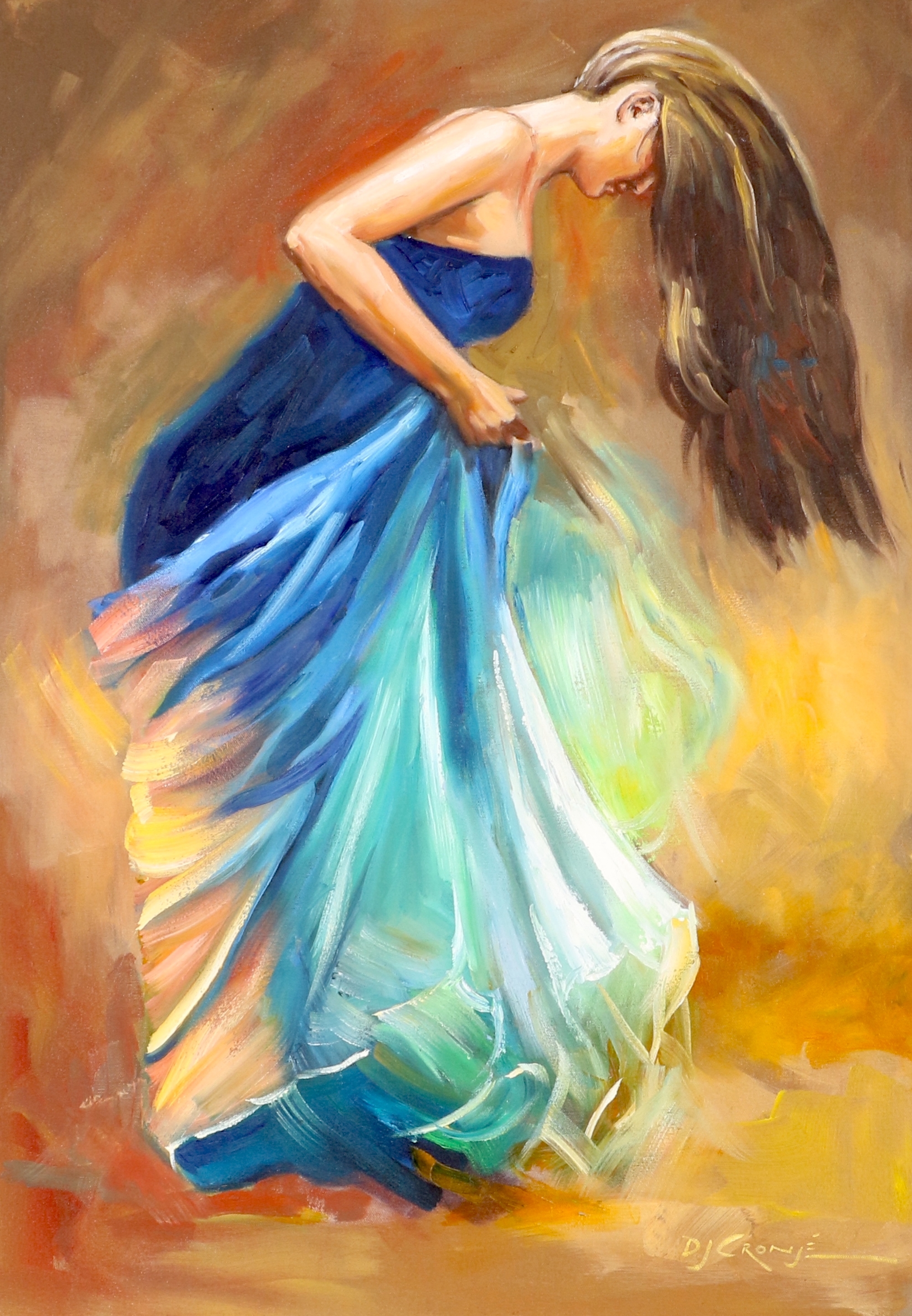 Artwork by Danie Cronje, LADY IN A BLUE DRESS, Made of oil on canvas on board