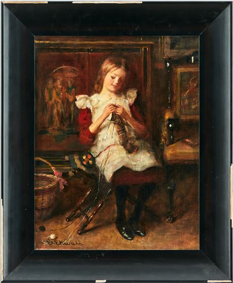 Interiör med flicka som stickar by Emma Ekwall