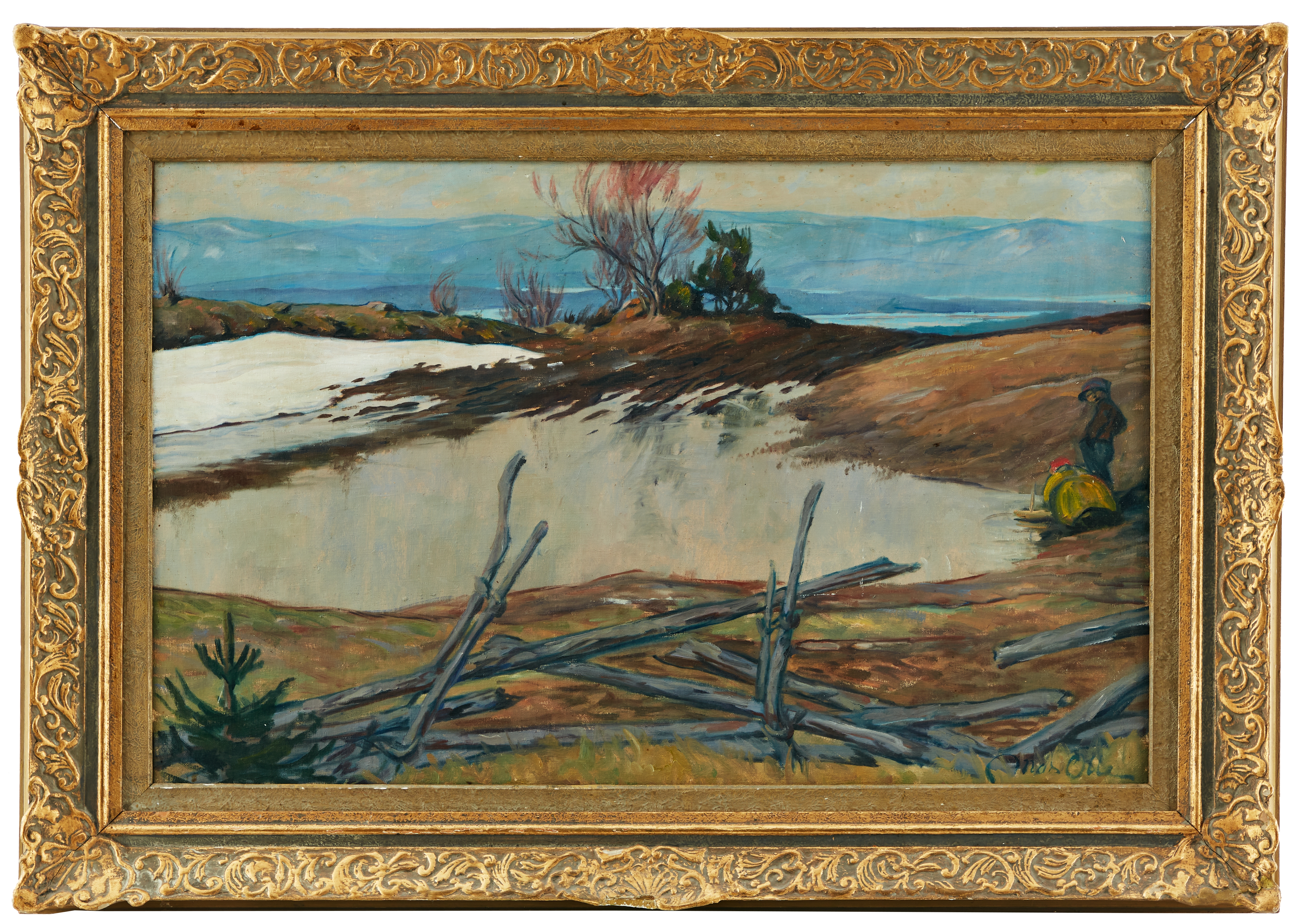 Artwork by Helmer MasOlle, Vårvinterlandskap med lekande barn, Made of Oil on canvas