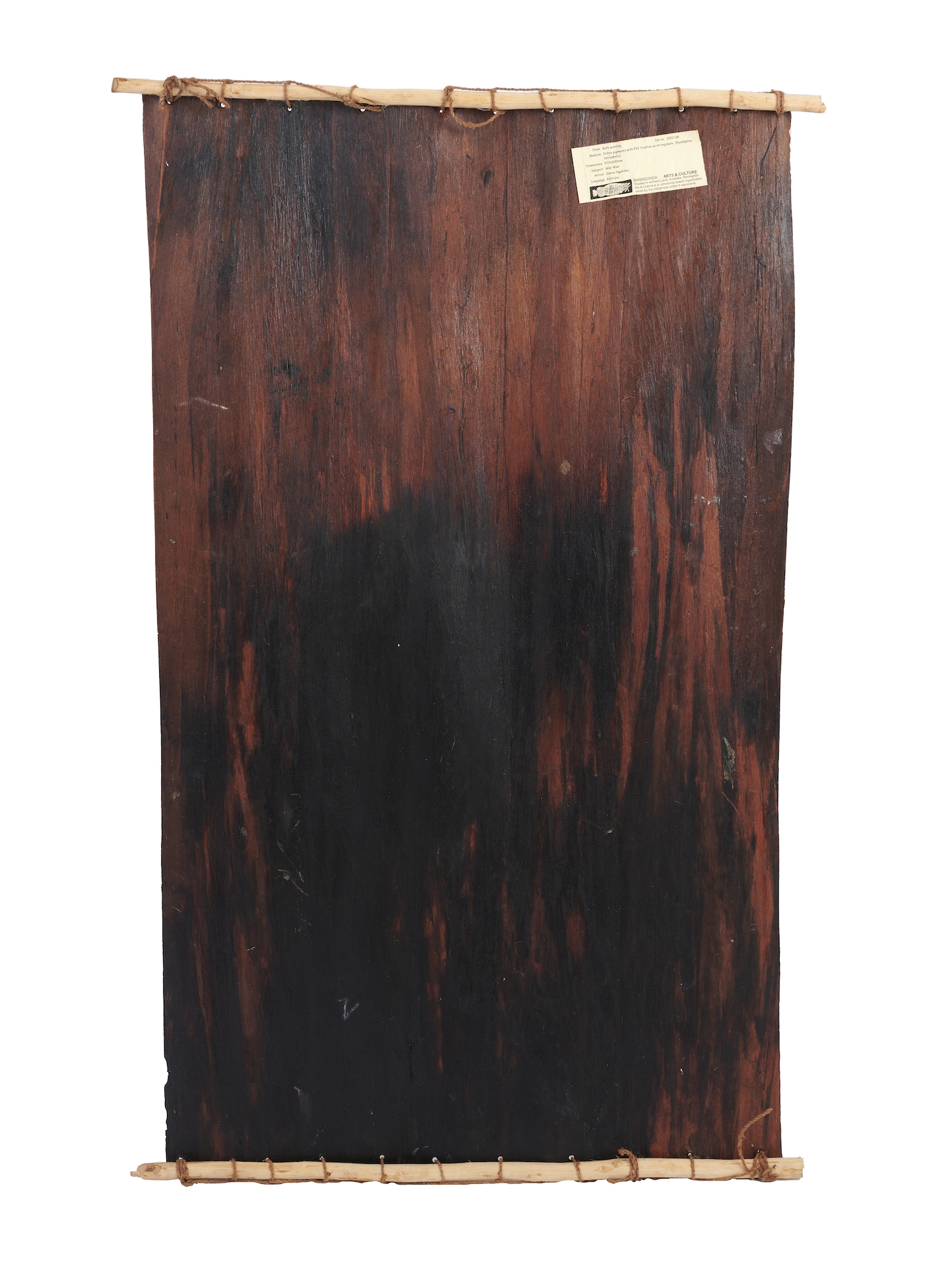Artwork by Irenie Ngalinba, Wak Wak, Made of ochre pigments with PVC fixative on stringybark