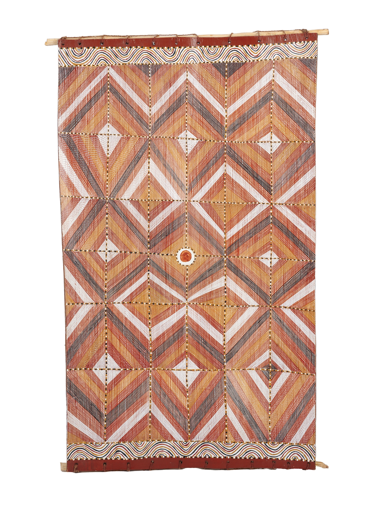 Artwork by Irenie Ngalinba, Wak Wak, Made of ochre pigments with PVC fixative on stringybark