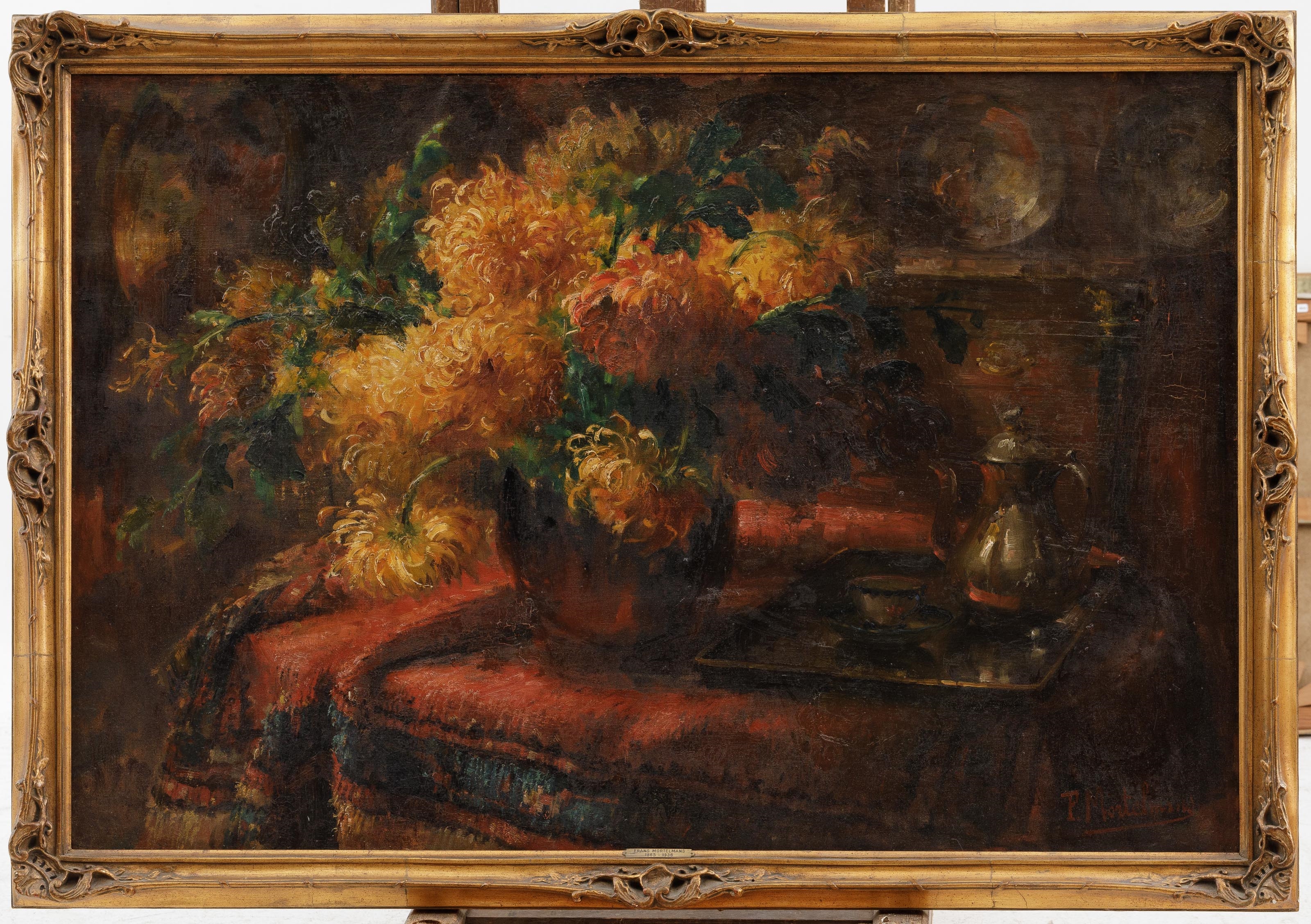 Frans Mortelmans | Still life with flowers in a vase and tea set ...