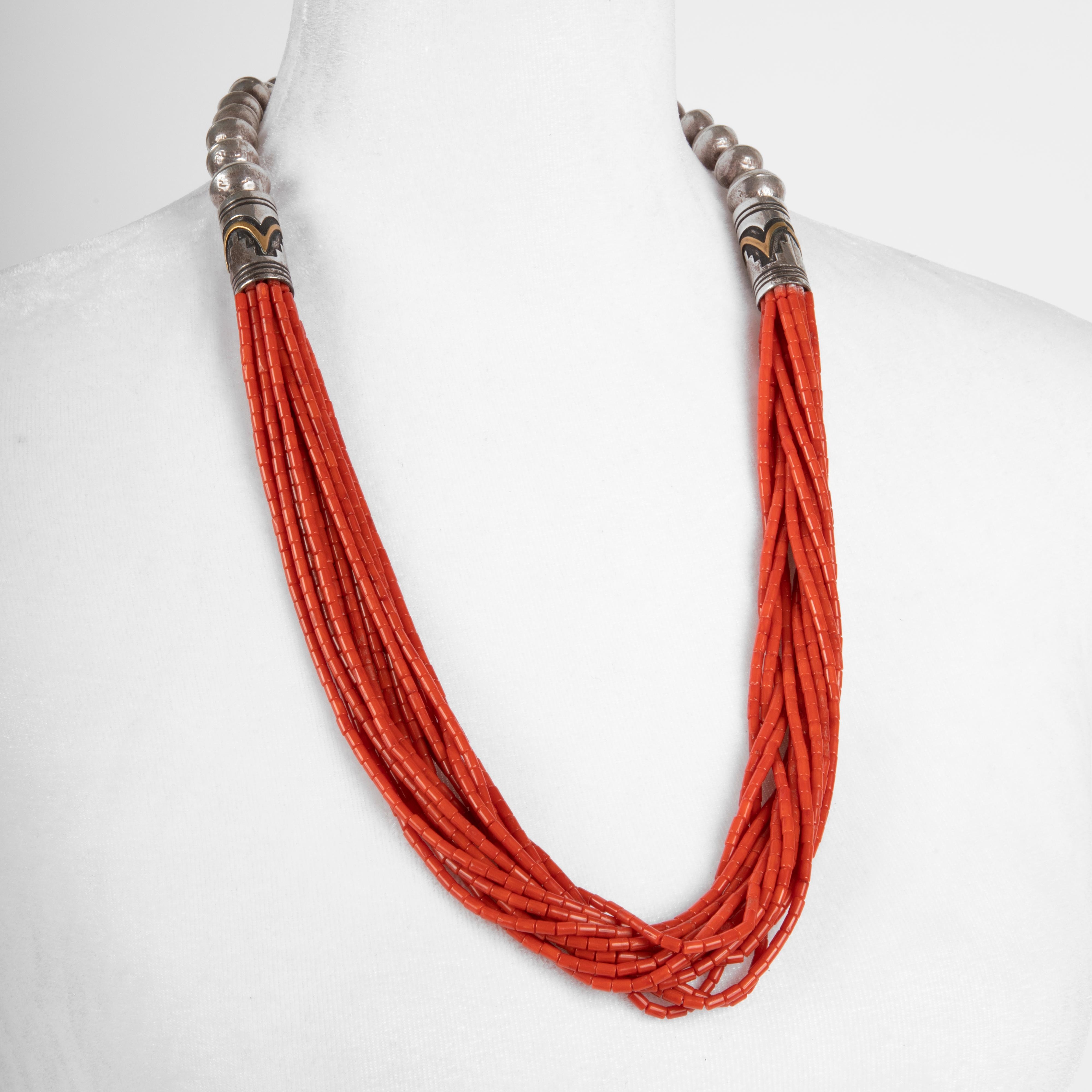 Artwork by Tommy Singer, 15 Strand Mediterranean Coral + Silver Bead with 12K Gold Accents Necklace, ca. 1990, Made of Silver and Mediterrean Coral