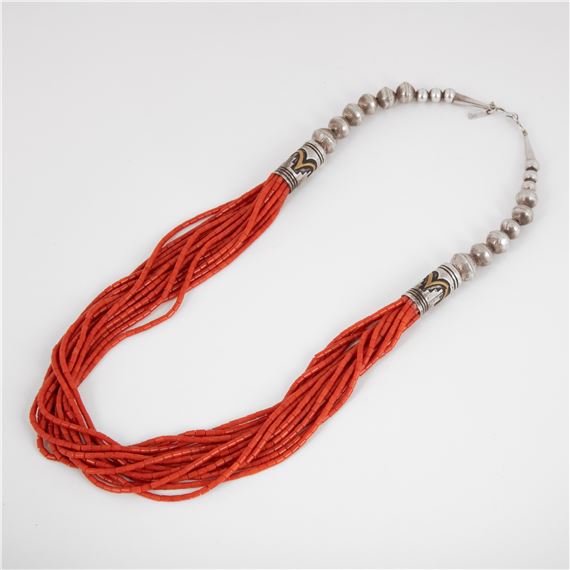 15 Strand Mediterranean Coral + Silver Bead with 12K Gold Accents Necklace, ca. 1990 - Tommy Singer
