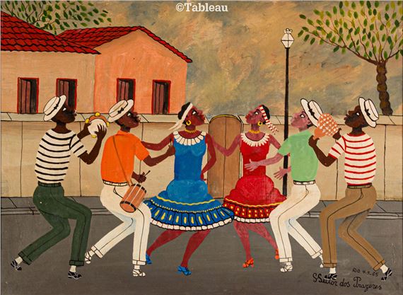 A vibrant street scene featuring six figures in colorful attire dancing joyfully against a simple background.