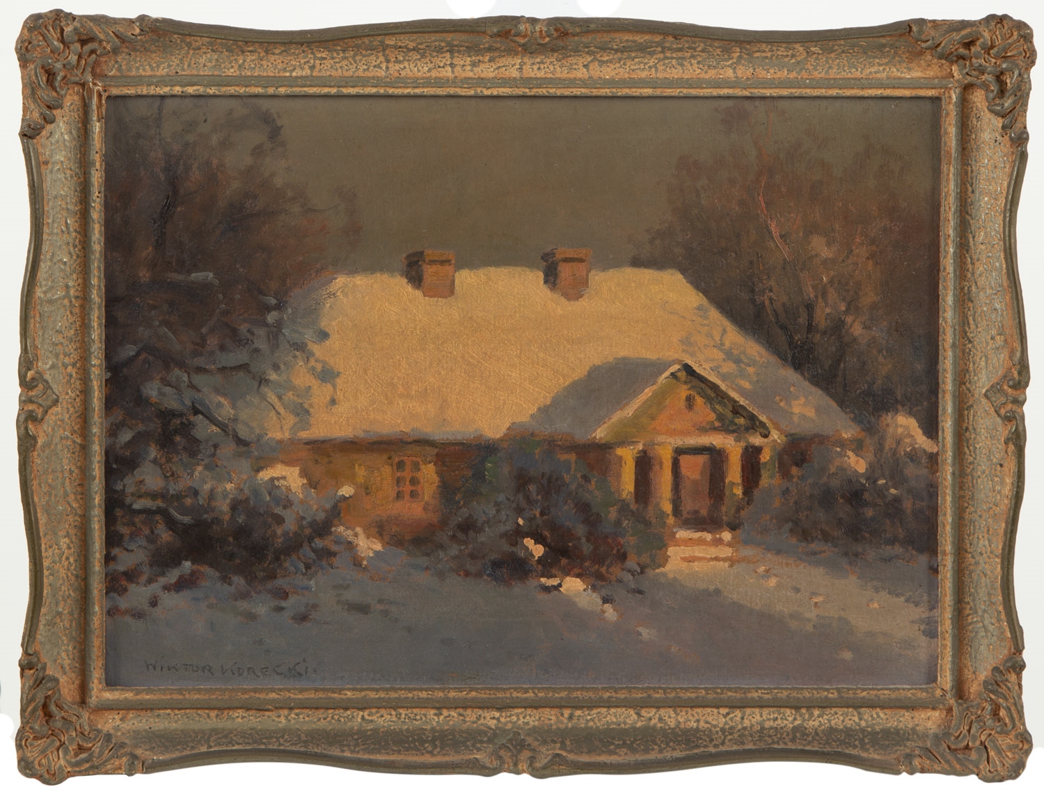 Artwork by Wiktor Korecki, Manor in winter landscape, Made of oil/paperboard