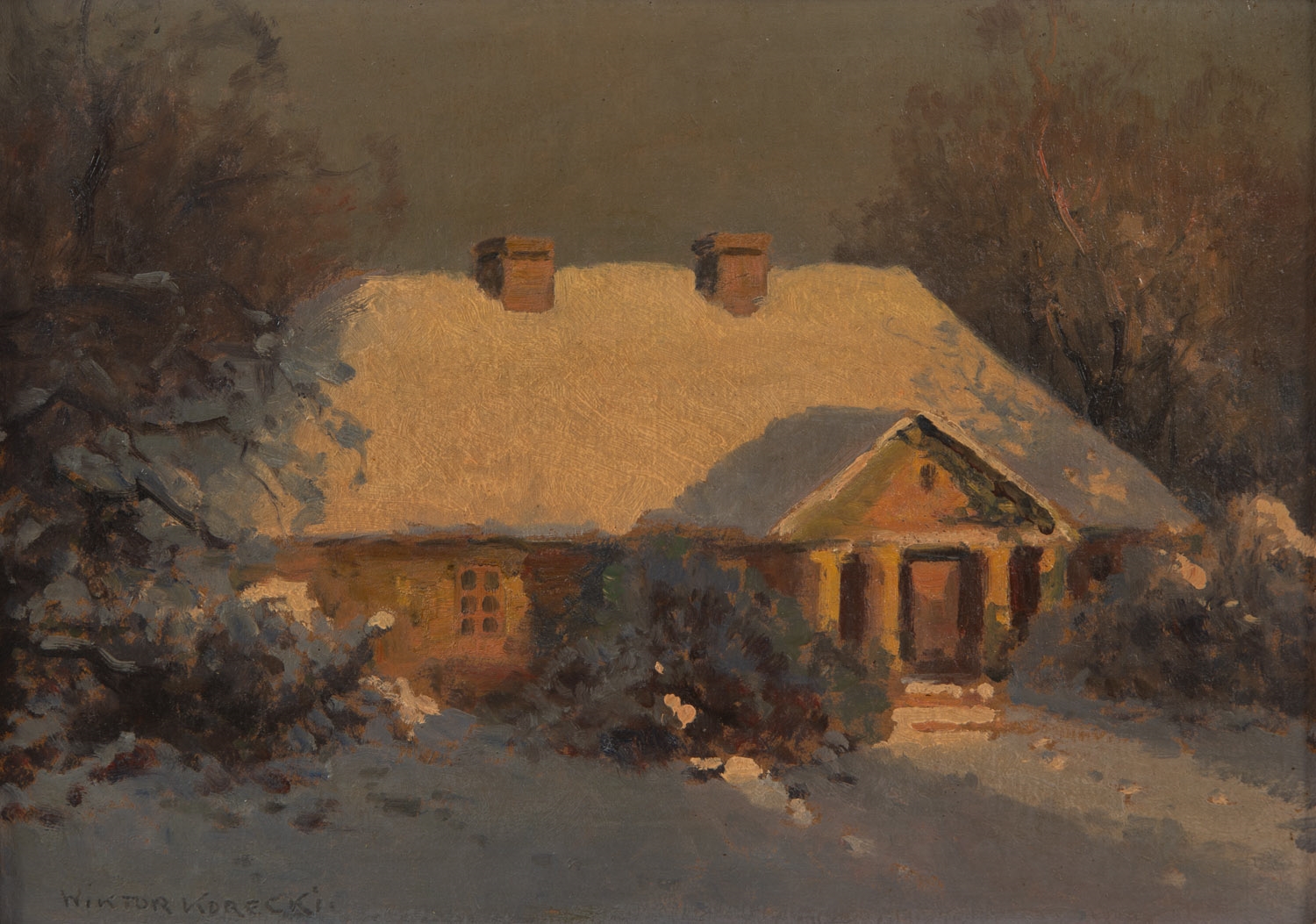 Artwork by Wiktor Korecki, Manor in winter landscape, Made of oil/paperboard