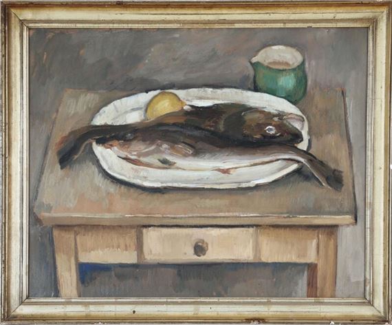 Still life with fish and a lemon on an oval dish by Carl Fischer