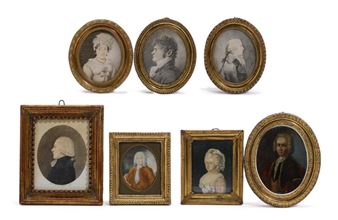 A collection of seven miniature portraits, depicting ladies and gentlemen, among others Queen Caroline Mathilde of Denmark (1751–1775) - Paul Ipsen