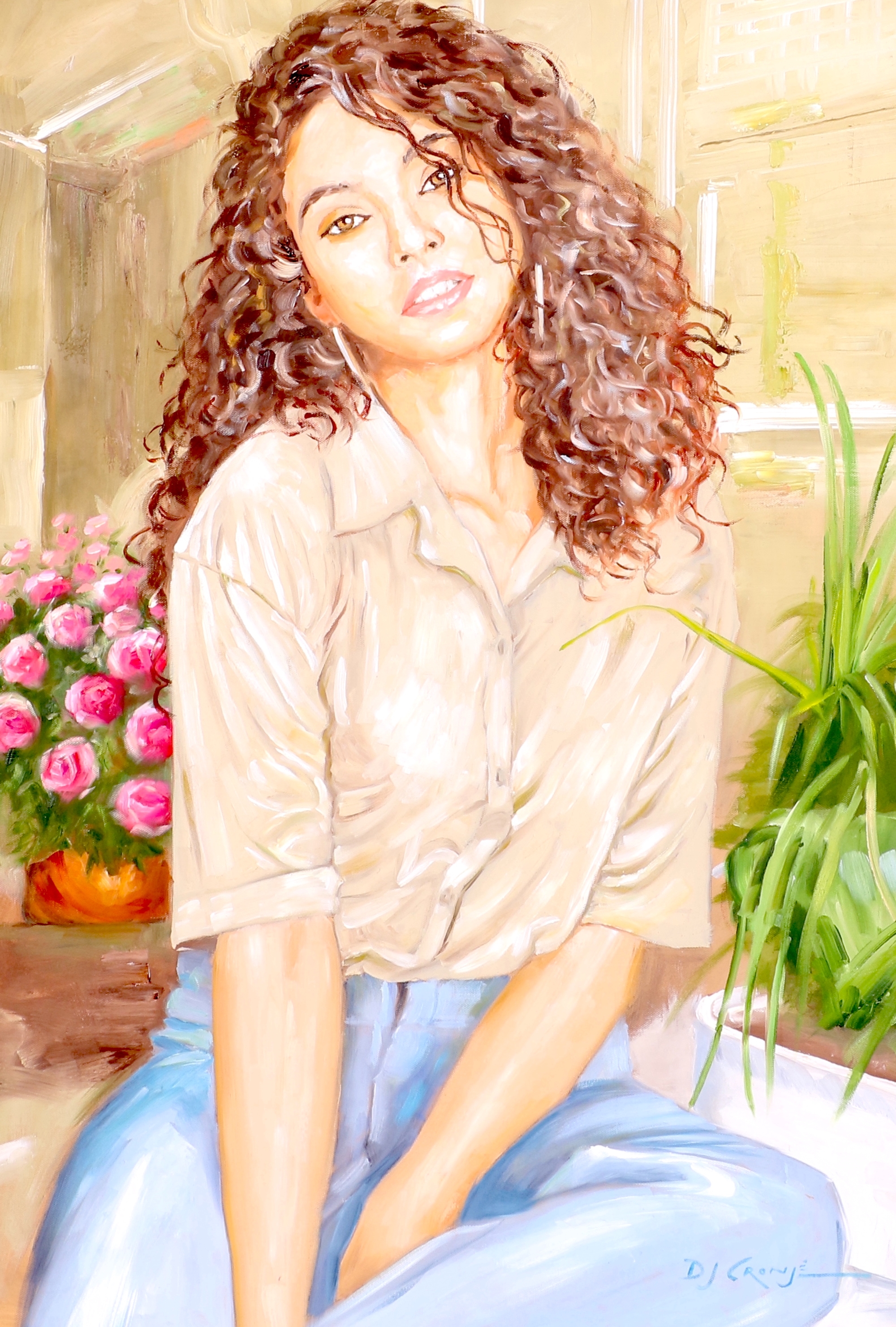 Artwork by Danie Cronje, SEATED WOMAN IN BLUE JEANS, Made of oil on canvas on board