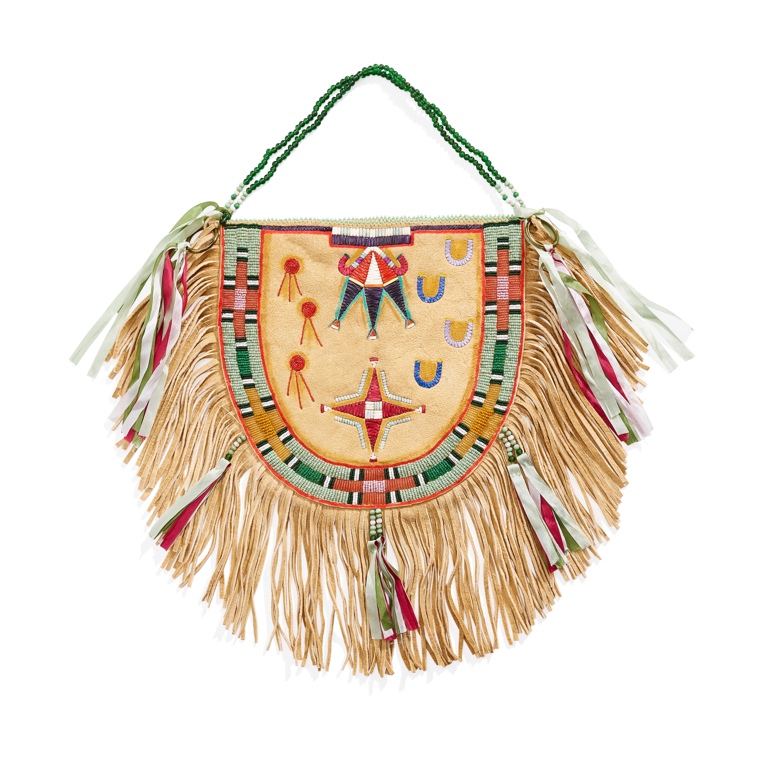 Artwork by Juanita Growing Thunder Fogerty, Quilled and beaded bag, Made of soft hide, horned elements, ochre, red and blue pigment highlights, with beaded and silk ribbon drop accents