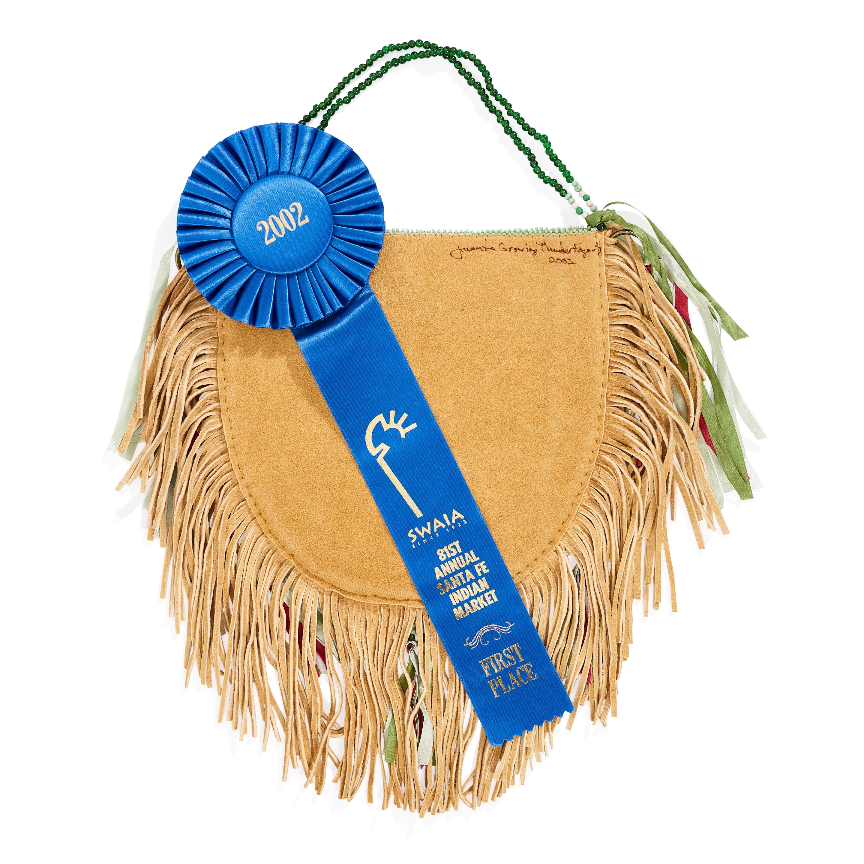 Artwork by Juanita Growing Thunder Fogerty, Quilled and beaded bag, Made of soft hide, horned elements, ochre, red and blue pigment highlights, with beaded and silk ribbon drop accents