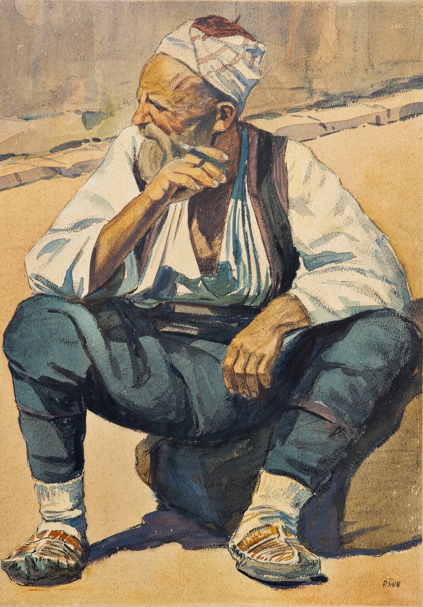 Artwork by Petar Šain, Bosenský stařec s cigaretou, Made of watercolor on paper