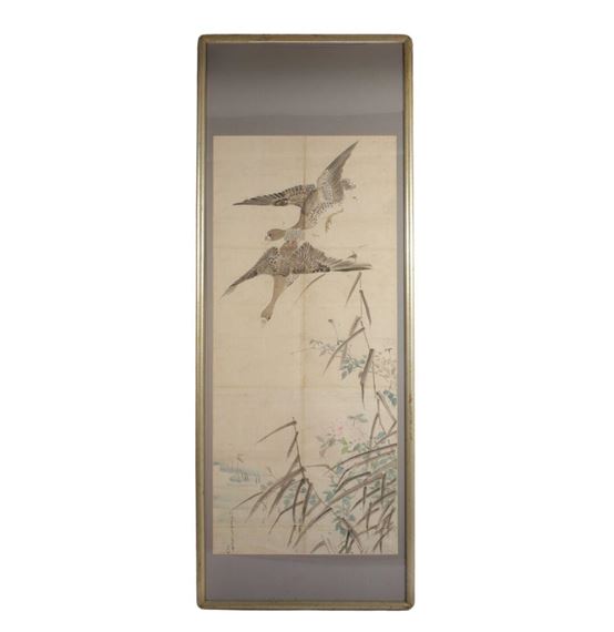 Ducks/geese water fowl with chrysanthemum flowers and reeds by Japanese School, dated 1903