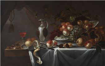 Still life with fruit, walnuts, porcelain dish and jug, on a cloth-covered table top - Jacob Gerritsz van Bemmel