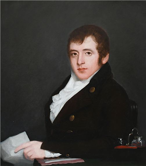 Portrait of John Walter Sherer (1776-1846), half-length, wearing a brown coat and seated at a table holding a letter by Robert Home