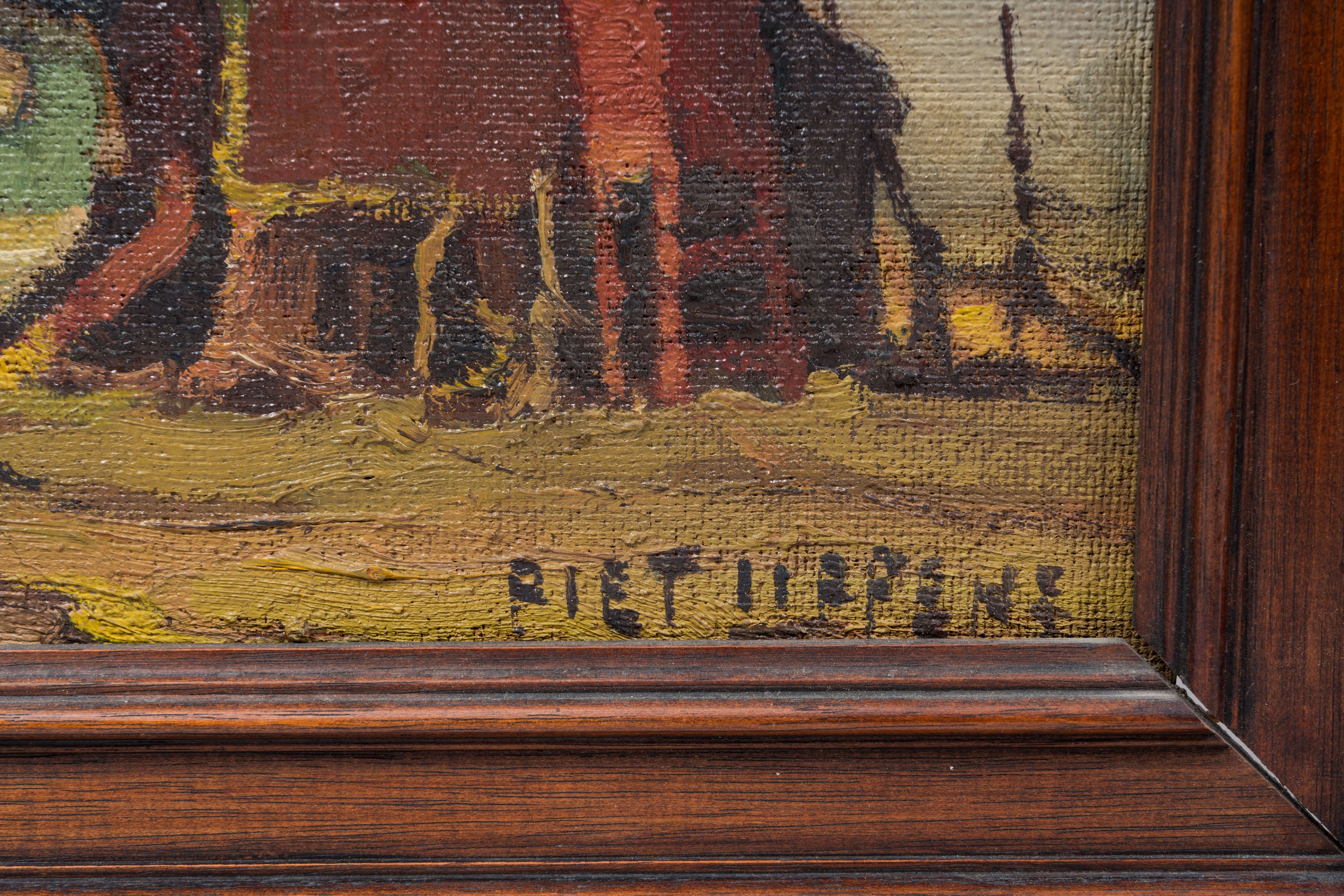 Artwork by Piet Lippens, Caravans and Windmill in the snow, Made of oil on board and oil on canvas