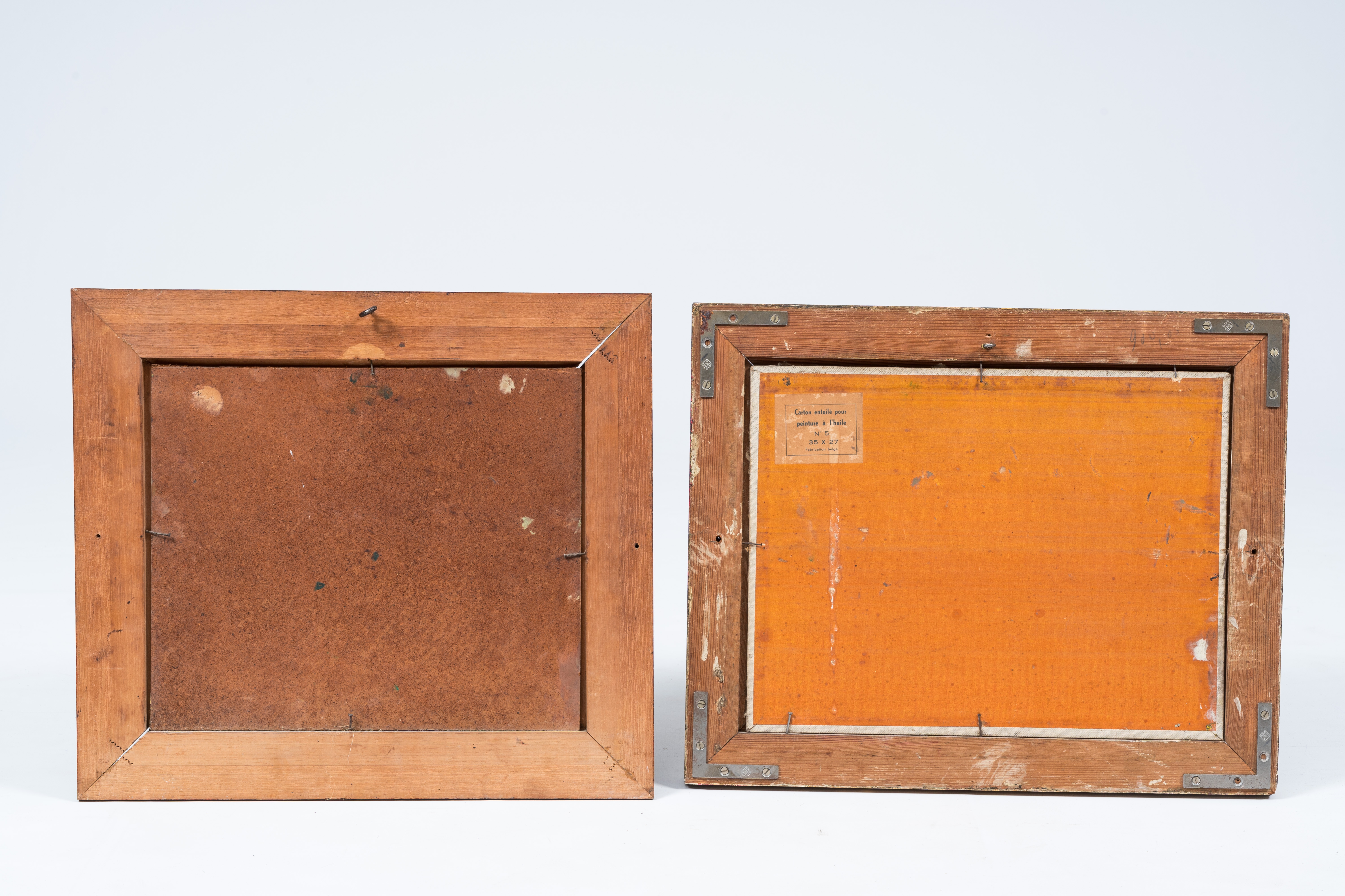 Artwork by Piet Lippens, Caravans and Windmill in the snow, Made of oil on board and oil on canvas