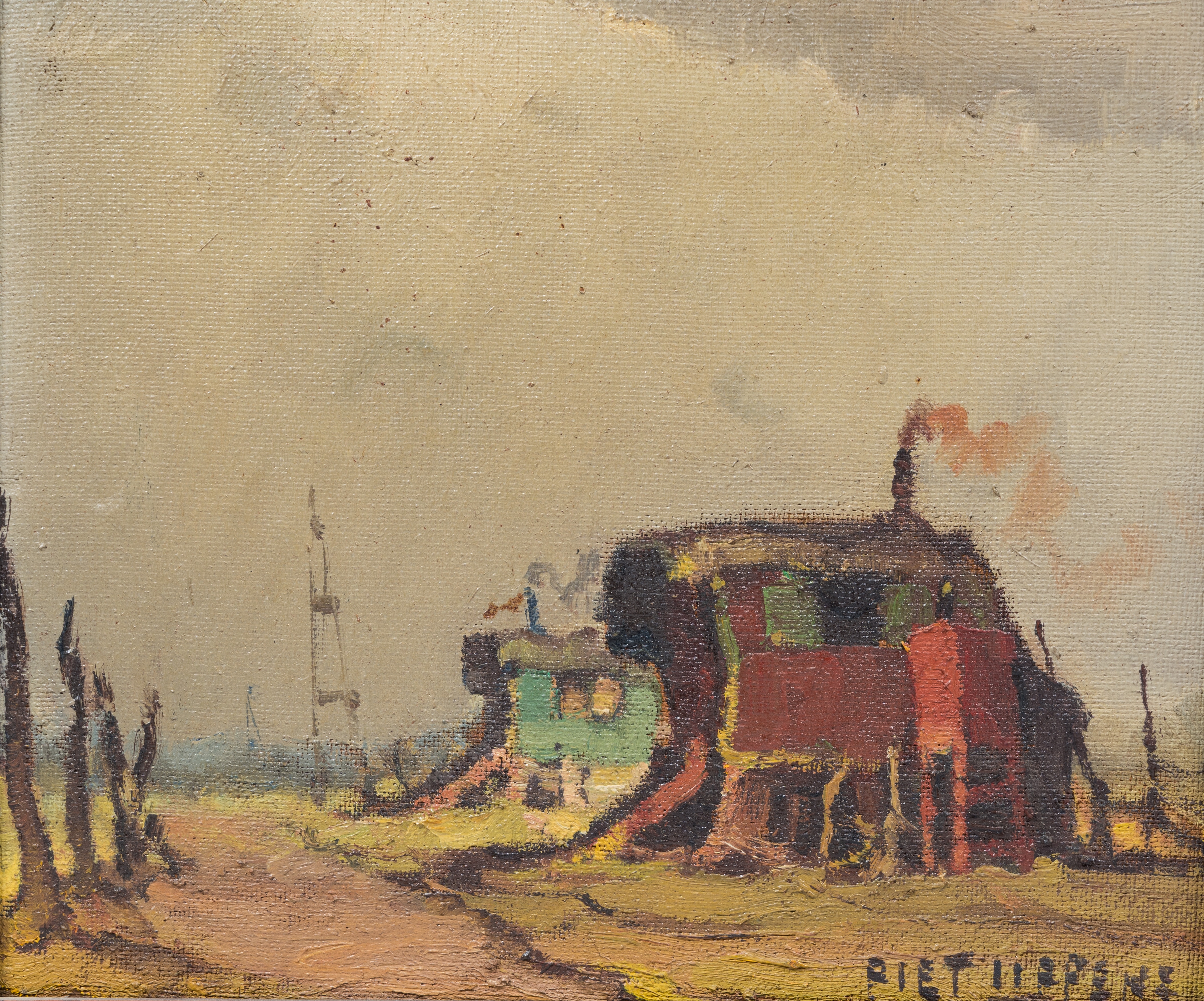 Artwork by Piet Lippens, Caravans and Windmill in the snow, Made of oil on board and oil on canvas