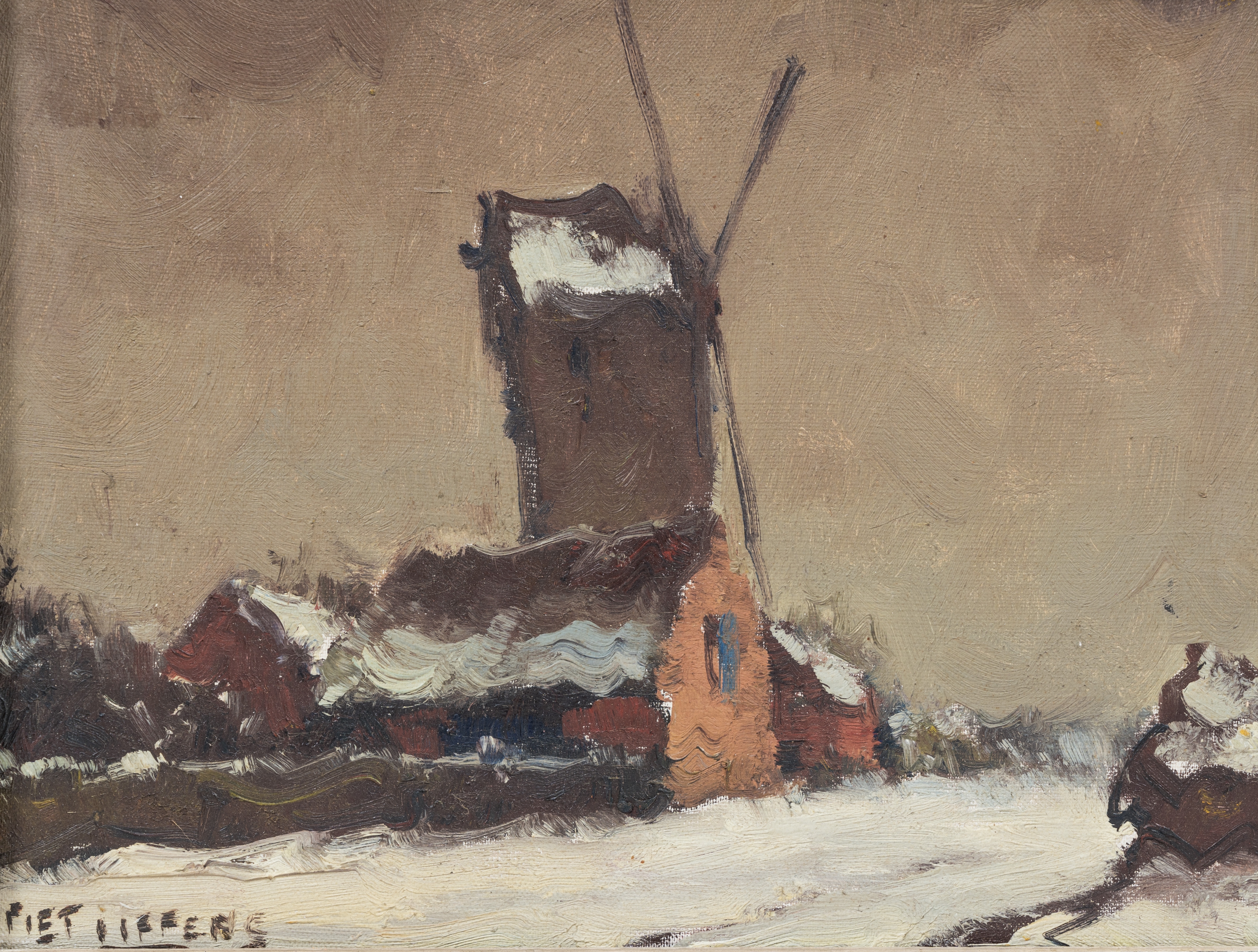 Artwork by Piet Lippens, Caravans and Windmill in the snow, Made of oil on board and oil on canvas