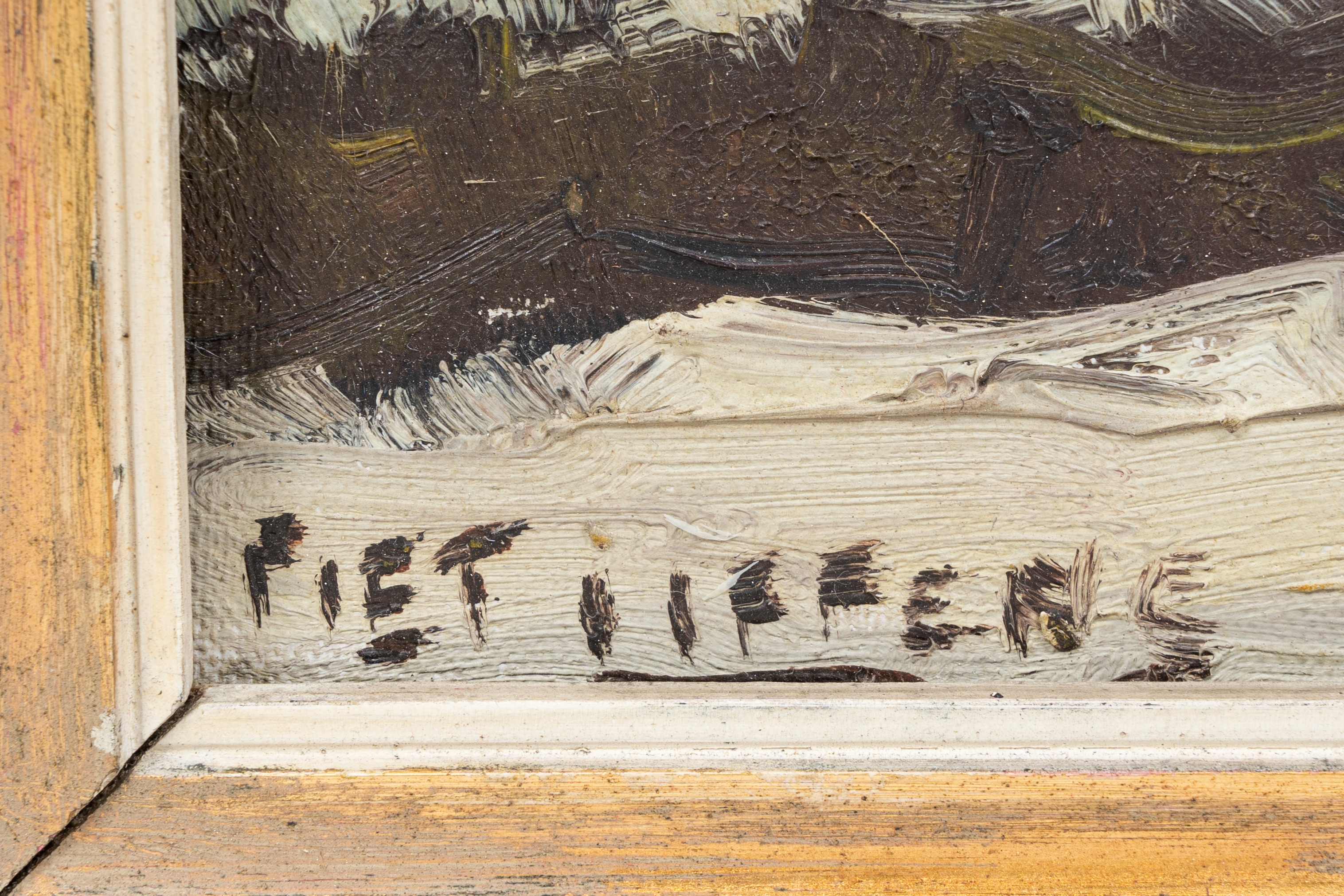 Artwork by Piet Lippens, Caravans and Windmill in the snow, Made of oil on board and oil on canvas