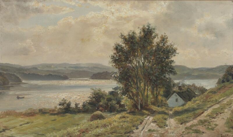 Artwork by Emil Carl Lund, View from a white farmhouse overlooking the water, Made of Oil on canvas