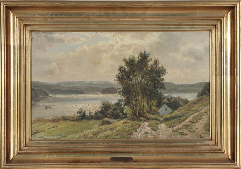 Artwork by Emil Carl Lund, View from a white farmhouse overlooking the water, Made of Oil on canvas