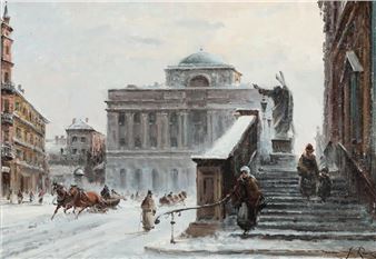 Winter scenery from Warsaw with people on a staircase - Jan Rawiez