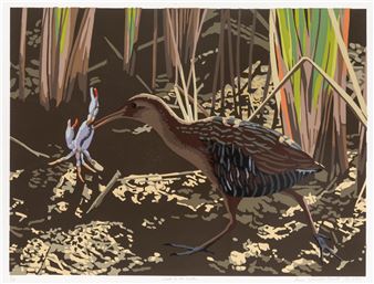 A stylized screenprint of a wading bird carrying two small birds in its beak, set against a textured reed background.