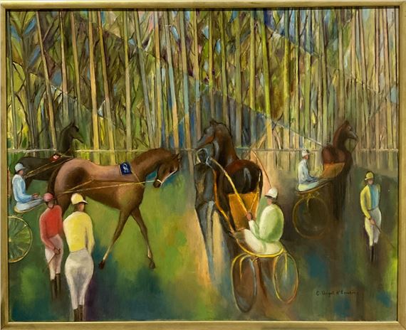 Horses Pulling Sulkies with Jockeys by Cécilia Angot d'Emerins, 1983